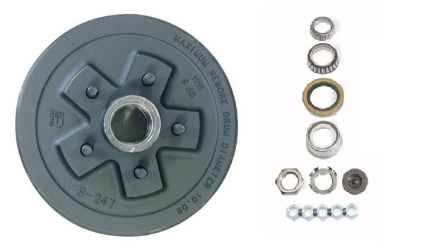 Dexter 7650030-03b hub & drum kit 3.5k - full greased - 5 on 4.5" bolt pattern. Uses l68149 inner and l44649 outer bearings